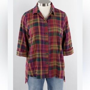 New Habitat Sz XXL PLAID BUTTON DOWN BLOUSE TUNIC COLOR FOREST